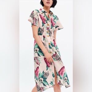 ZARA Tropical Print Linen Cotton Collar Button-Up Dress Size Small